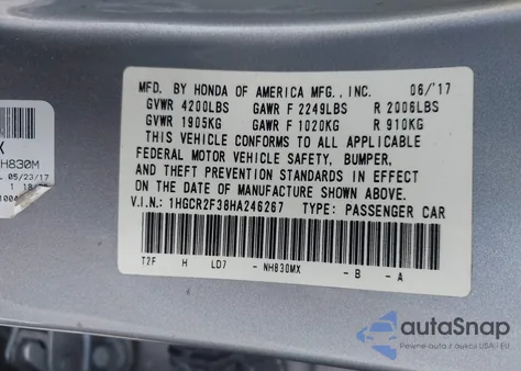 2017 Honda Accord Lx from USA, damaged, VIN 1HGCR2F38HA246267